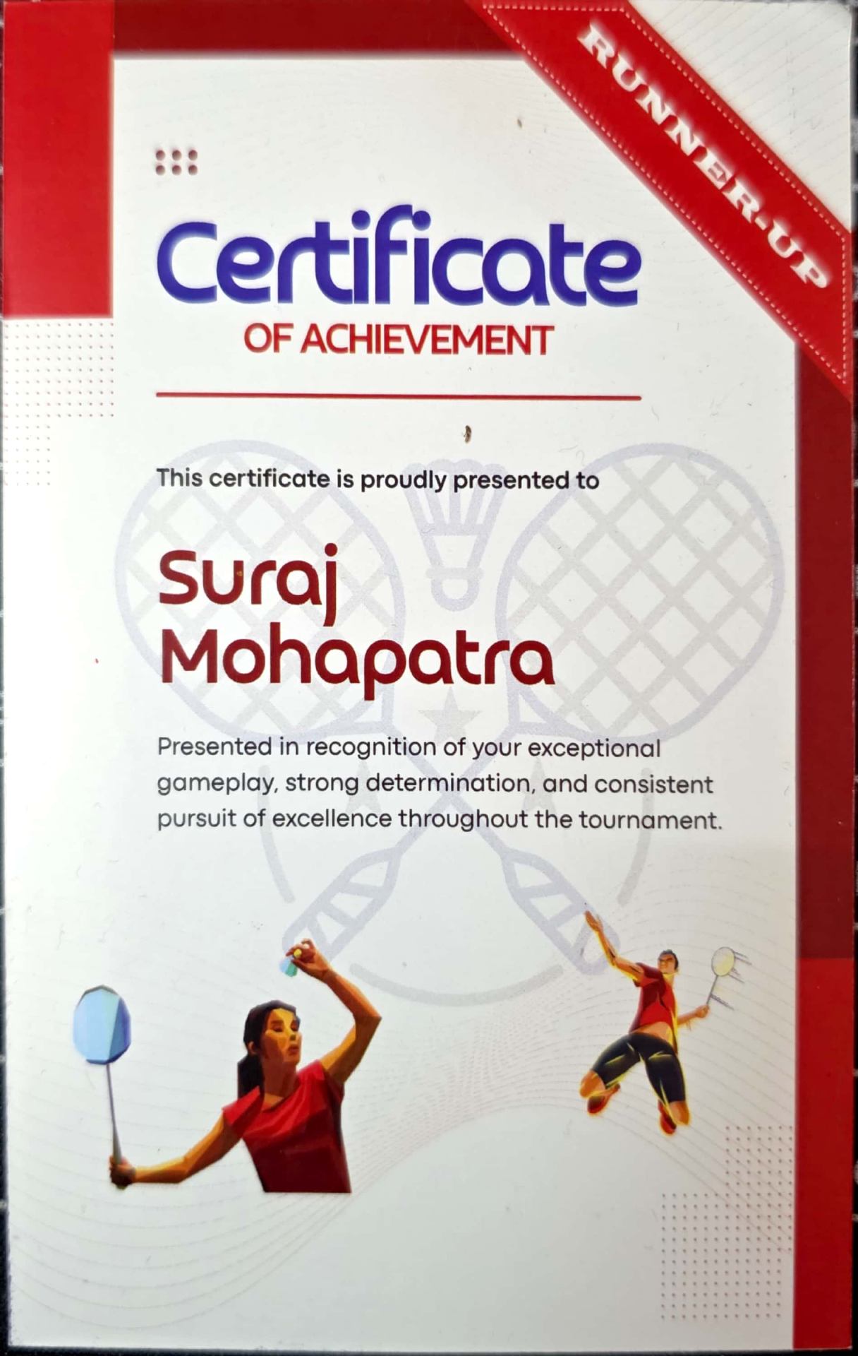 Certificate of Achievement — Runner-Up — Badminton Tournament